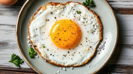 Sunny-side up egg on a plate with a sprinkle of salt and pepper.