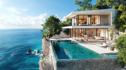 Fototapeta premium Modern luxury cliffside villa overlooking tranquil ocean with infinity pool
