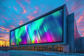 A large building with a colorful display on the side