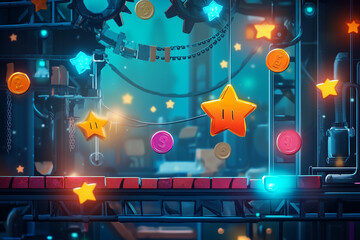 Obraz premium Vibrant video game level with glowing stars, coins, and mechanical platforms.