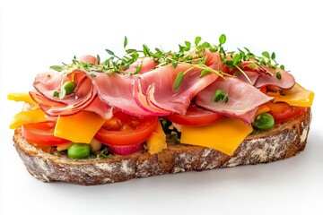 A mouthwatering Strammer Max, a classic German open-faced sandwich featuring layers of ham, cheese, tomatoes, and fresh herbs. A delightful combination of savory flavors.
