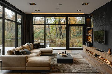 A living room with a large window overlooking a lake