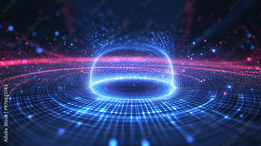 Poster 3d torus composed of dots and lines. concept of electromagnetic force fields. science and physics ba