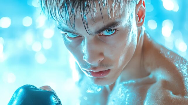 Intense close-up of a determined boxer ready to face the challenge in a dramatic, high-energy atmosphere.