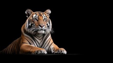 Fototapeta premium A powerful Sumatran tiger stares directly at the camera, showcasing its captivating beauty and majestic presence against a black background. The tiger's sharp gaze, intricate stripes, and powerful ph