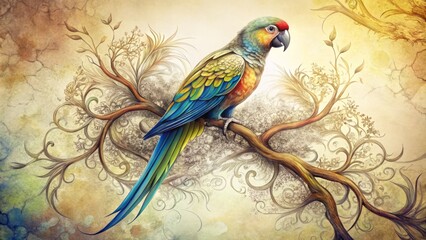 Obraz premium * Delicate wings spread, vibrant plumage shines, this parrot perks upon a limb, its whimsical figure framed by