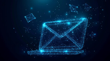 A low poly wireframe vector illustration showcasing the email concept with an "@" symbol on a smartphone screen. The design is rendered in a starry sky style, featuring points, lines, and shapes .