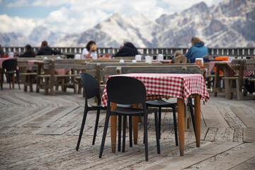 Cozy cafe in the Dolomite Alps. Italy