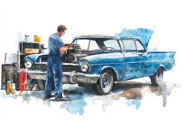 A skilled automotive technician meticulously works on the engine of a classic blue car in a watercolor illustration. The scene evokes a sense of nostalgia, craftsmanship, and the timeless appeal of vi