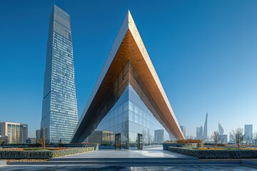 Fototapeta premium A large building with a triangle shaped roof and a tall tower in the background