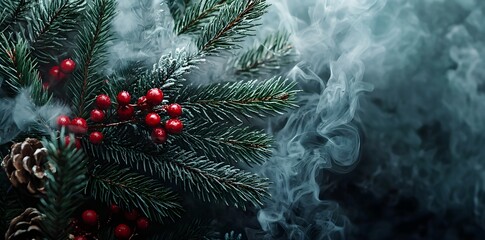 Christmas tree covered with smoke clouds on a dark background.