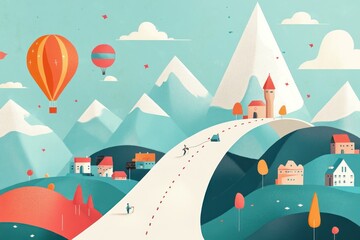 Abstract Landscape with Hot Air Balloons and a Winding Road