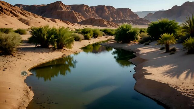 A beautiful view of an oasis in the desert.  Seamless looping 4k time-lapse animation video background
