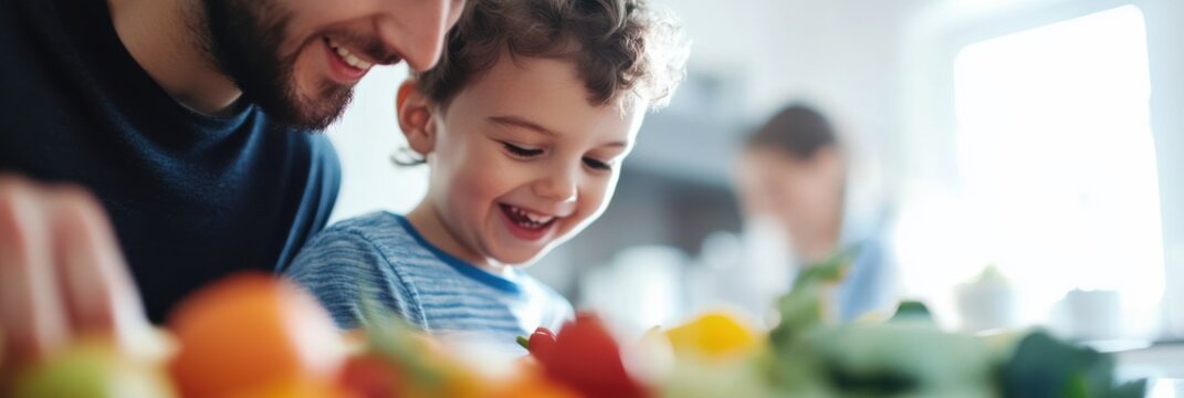 A father and son share a joyful moment in the kitchen, surrounded by colorful vegetables, as they prepare a meal together, smiling with contentment and connection.