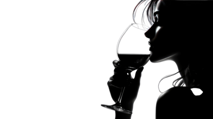 silhouette of a woman drinking wine isolated on white background 