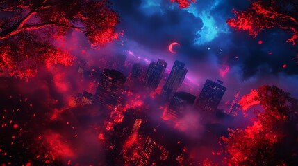 Fototapeta premium A stunning cityscape illuminated by a vibrant red glow, as if a crimson sunset bleeds over the skyscrapers. The sky is a canvas of swirling clouds, with a crescent moon hanging in the distance. The co