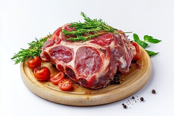 Obraz premium A succulent pork knuckle, adorned with rosemary and cherry tomatoes, ready to be roasted to perfection. It's a classic German dish with a rich, flavorful history.