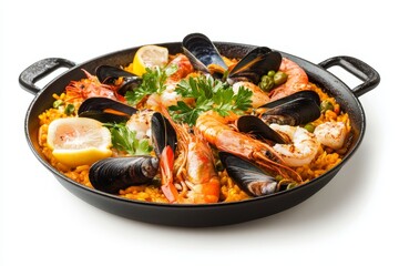 A tempting dish of Paella, a traditional Spanish rice dish, featuring succulent seafood like mussels, shrimp, and lemon. The vibrant colors and fresh ingredients create a mouthwatering masterpiece.