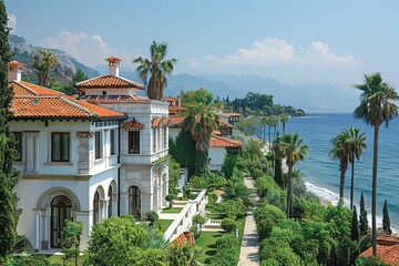 Fototapeta premium A beautiful beachfront with a row of houses and palm trees