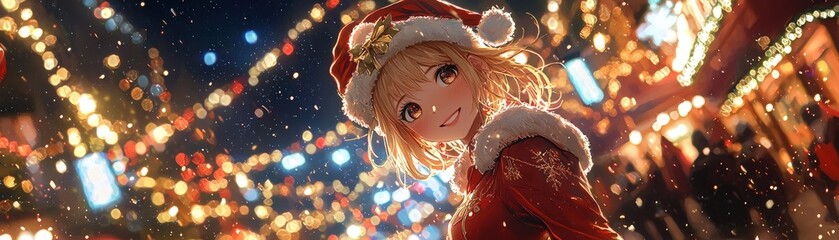 A woman in a lively holiday scene, her horns and outfit adorned with sparkling lights. The festive illumination highlights her joyful demeanor and adds an enchanting glow to the celebratory