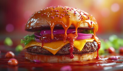 Juicy Cheeseburger With Onions, Lettuce, and Melting Cheese