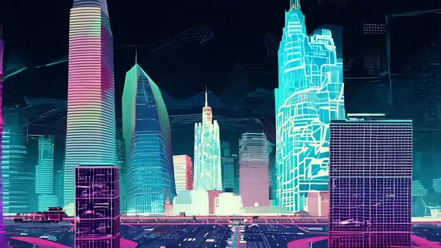 The abstract video has a modern and cyberpunk theme with light blue buildings glowing.