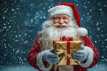 Santa Claus, with a wrapped gift in hand, stands joyfully against a snowy background, highlighting the festive magic of giving, ideal for Christmas-themed marketing campaigns.