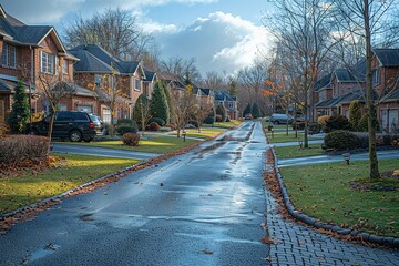 A street with houses on both sides and a car parked on the side