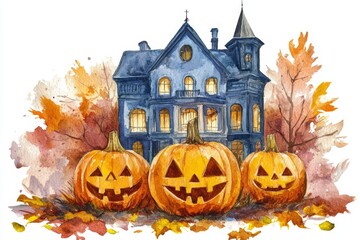 A whimsical watercolor illustration featuring a spooky haunted house with glowing windows and three grinning jack-o'-lanterns, set against a backdrop of autumn leaves.