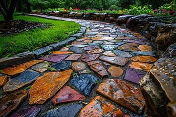 A walkway made of stones and bricks is wet from the rain