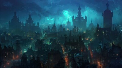 Obraz premium Creepy city panorama with spectral lights and ominous shadows cast by haunted structures under a midnight blue sky. Full ultra HD, high resolution --ar 16:9 --no noise --v 6.0 - Image #4 @hamza