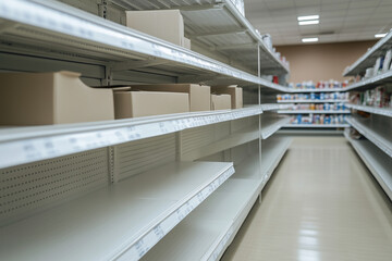Naklejka premium Empty shelves in a store with a few boxes on the top shelf