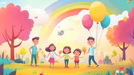 Happy children and parents in a vibrant park with colorful trees, balloons, and a rainbow sky, cartoon style
