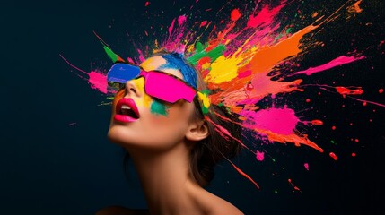 A woman with paint splattered across her face and hair, wearing pink sunglasses, embodies creativity and artistic expression. The vibrant colors create a sense of energy and freedom.