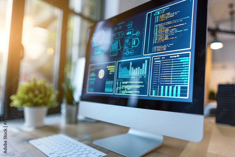 Poster modern computer screen displaying graphs and code in office envi