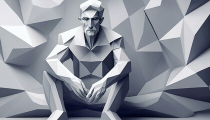 A gray man with a polygonal shape sits and looks in front of the camera 