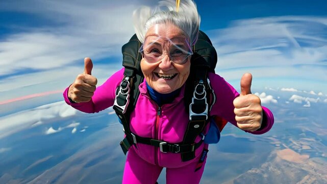 Elderly woman joyfully experiences skydiving adventure over stunning landscapes