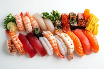 Assorted Sushi Nigiri and Maki on White Background, featuring fresh seafood, traditional Japanese cuisine, delicious and healthy, perfect for any occasion, vibrant colors and textures.