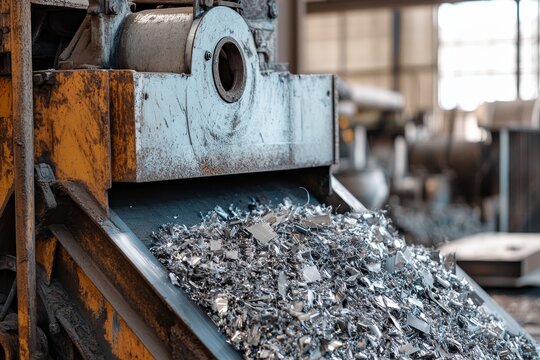 An industrial metal shredder machine in action, with a conveyor belt filled with shredded metal scraps. This machine is used for recycling and processing metal waste, demonstrating the power of indust