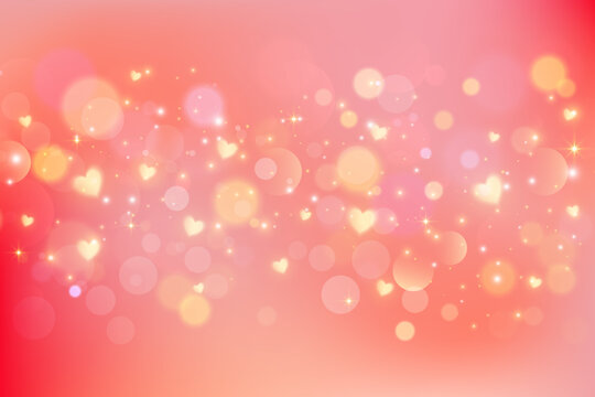 Cute lovely background with hearts and bokeh. Pastel pink gradation bg with dreamy stars and glitter. Romantic vector backdrop for Valentine Day design. Red and orange soft gradient wallpaper.