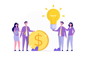 Venture Capital Concept: Showcasing project pitching for funding or VC investment. A young entrepreneur is depicted presenting an idea to raise venture capital or secure angel investment for a startup