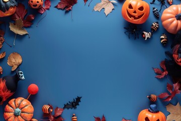 Assorted spooky Halloween items on a deep blue background with space for text.