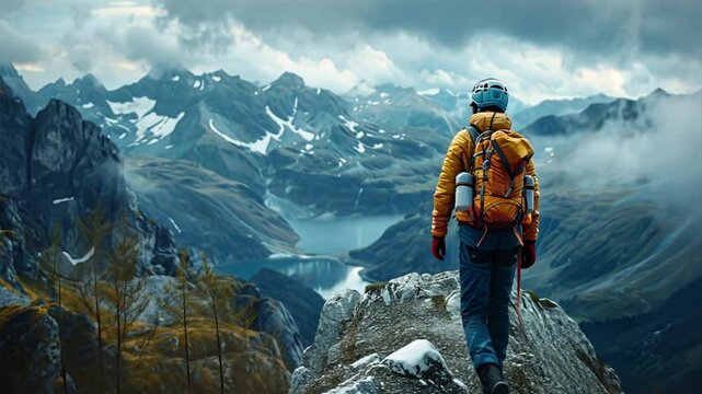 Conquering the Heights: A lone hiker stands on a mountain peak, gazing at a breathtaking vista of snow-capped mountains and valleys. The image evokes a sense of adventure, exploration. - Powered by Adobe