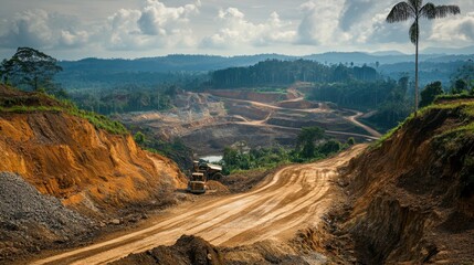 Massive mining operations cause deforestation, altering landscapes and ecosystems, with deep quarries and polluted rivers showcasing environmental degradation