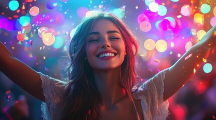 Obraz premium A cheerful woman celebrating at a dynamic party, her joyful expression and lively movements captured amidst a backdrop of vibrant colors and dazzling lights. The festive atmosphere radiates with