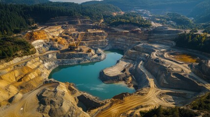 Massive mining operations cause deforestation, altering landscapes and ecosystems, with deep quarries and polluted rivers showcasing environmental degradation
