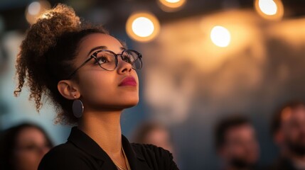Focused young female innovator shares her bold business proposal at a startup conference, illuminated by dynamic lights as captivated investors listen intently, ready to support the next big idea