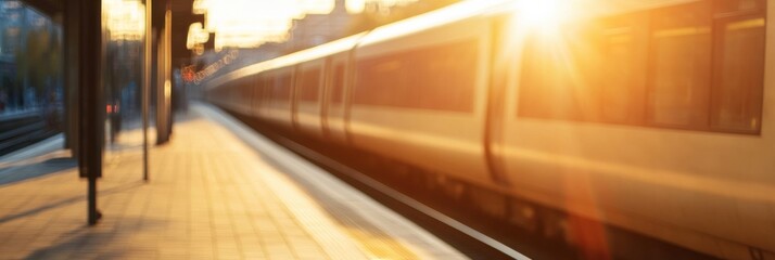 A dynamic image featuring a high-speed train arriving at an urban train station during sunset, with soft sunlight glowing on the platform. The scene depicts travel and motion.