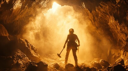 Obraz premium A female miner wearing rugged gear descends into a vast gold mining cave with pickaxe and helmet lights illuminating the dark rocky environment. Dust swirls in the air