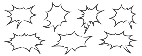 Comic and manga speech bubbles. Pop art outline frame for text. Vector box for dialog and messages. Chat shapes set of shock shout and scream actions.